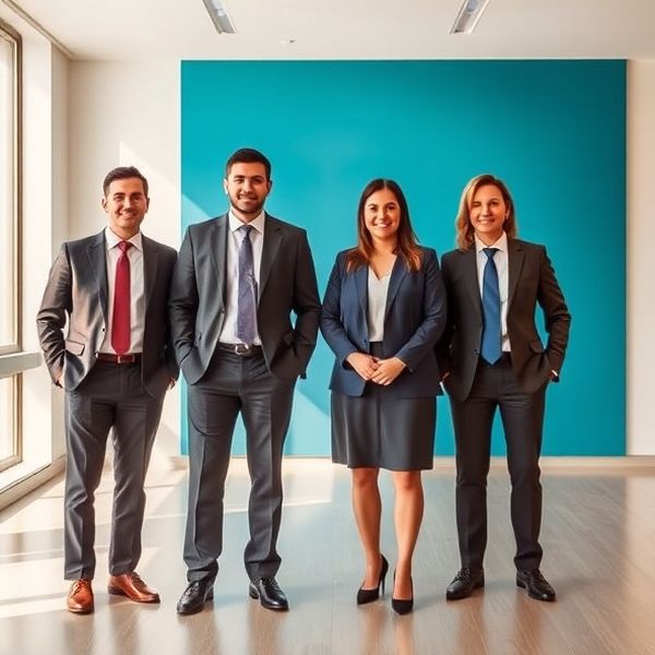 Portret de grup al patru profesioniști financiari într-o sală de conferințe luminoasă