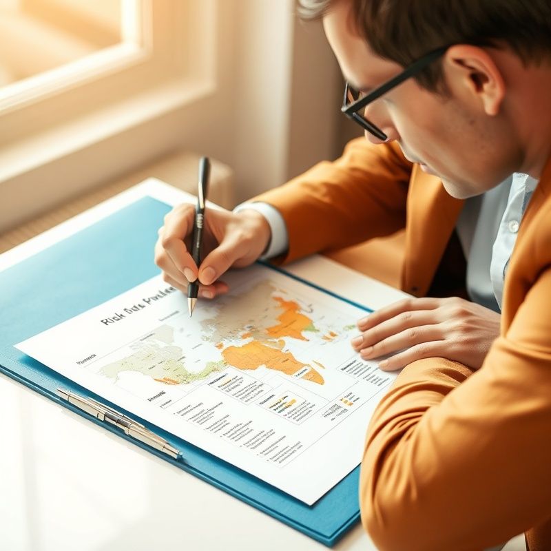 Consultant care adnotează un document de hartă a riscului cu un stilou fin