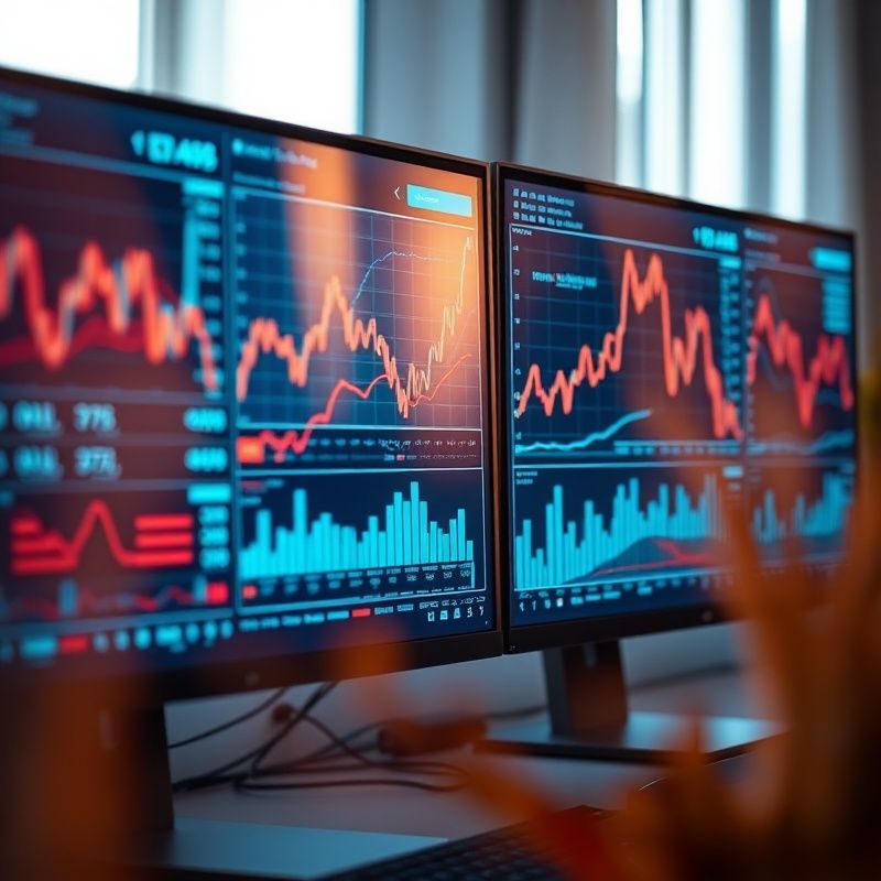 Grafice de analiză a riscului financiar afișate pe monitoare duale